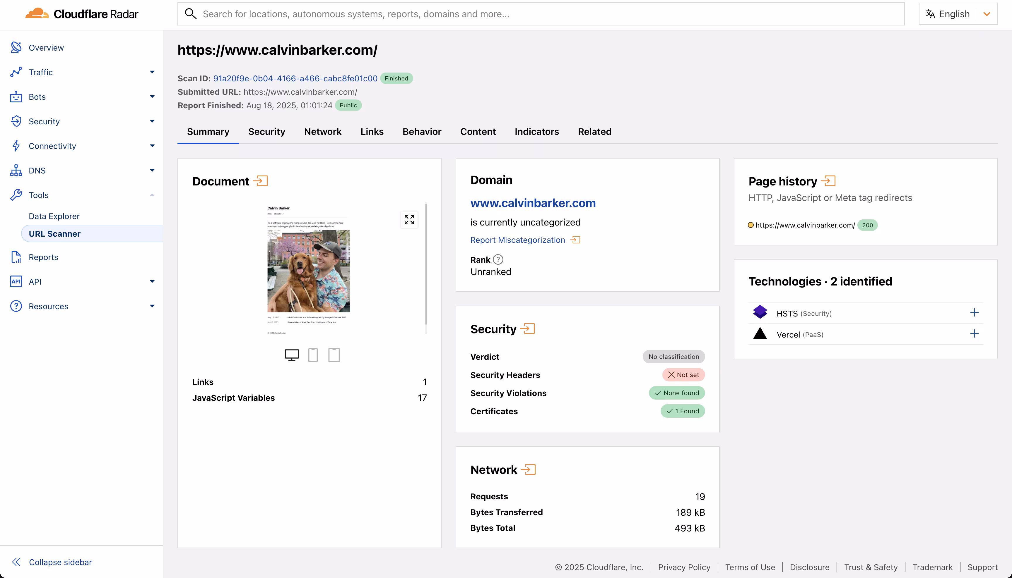 Cloudflare scan showing 493KB total.