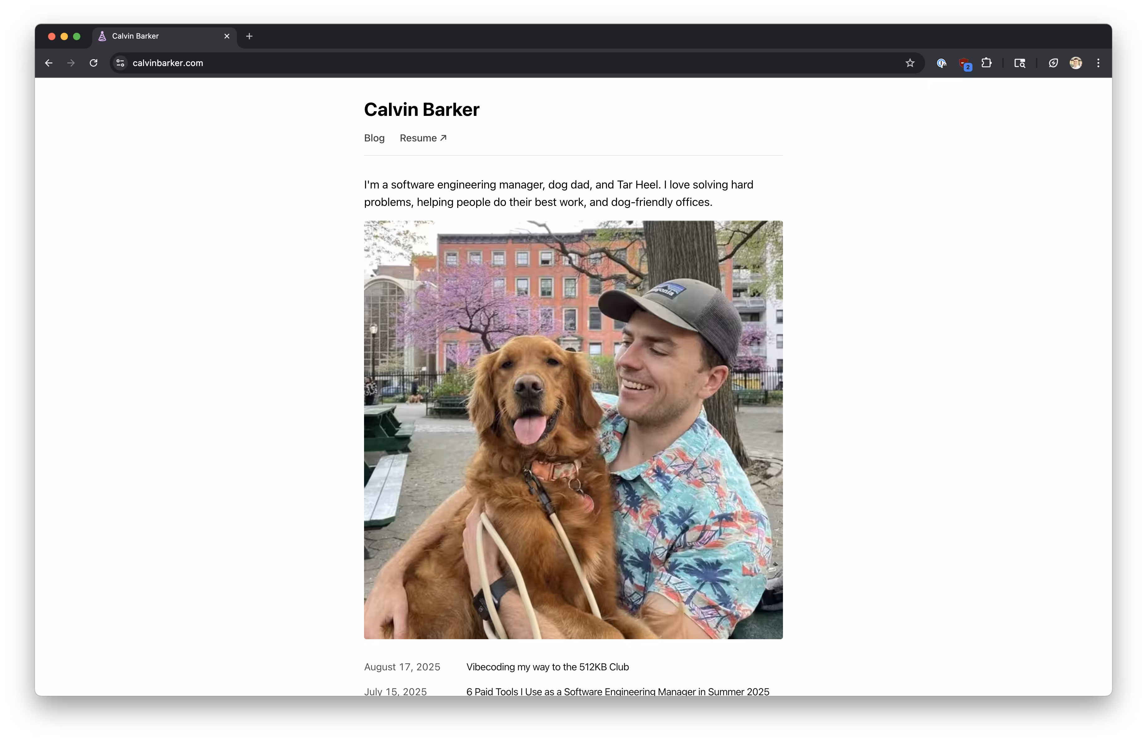 A screenshot of my personal website showcasing the hero image of my golden retriever, Waffle