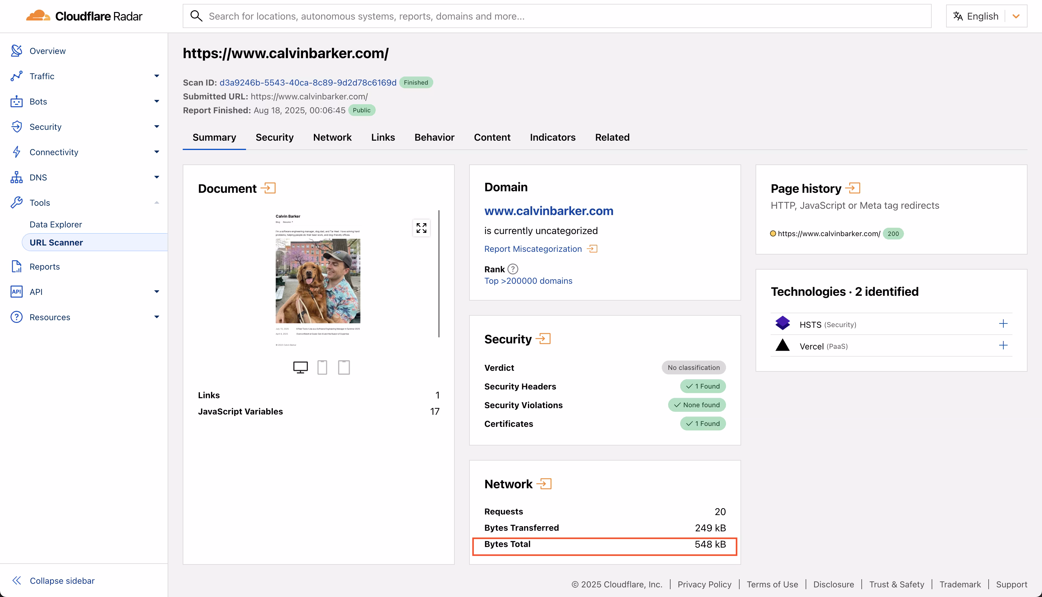 Cloudflare scan showing 71KB total.